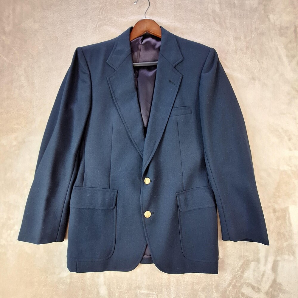 Vintage Stanley Blacker Blazer Mens Medium Navy Gold Single Vent Made USA 80s